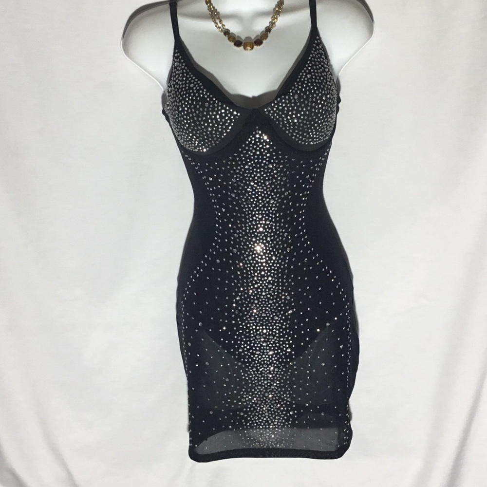 Aria Black Rhinestone Mesh Mini Dress